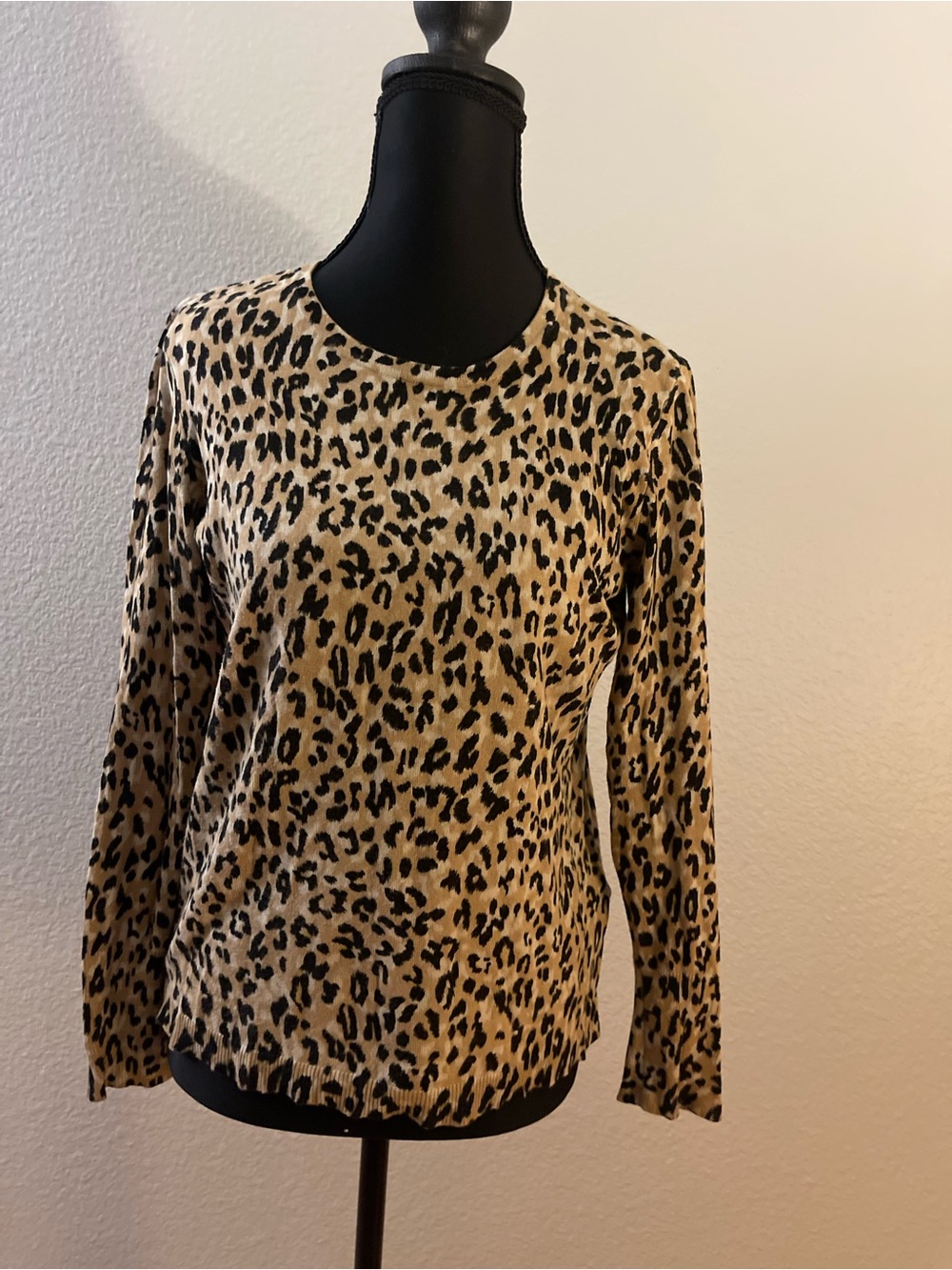 JM Collection Leopard Print Long Sleeve Top in Beige and Black